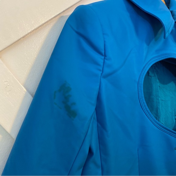 Nina Ricci Asymmetric Cutout Faux Leather Button Front Collared Blazer Blue 34 - Picture 5 of 14
